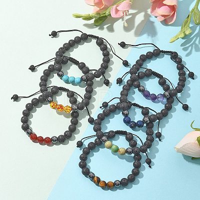 Natural Lava Rock and Non-Magnetic Synthetic Hematite Beads Braided Bead Bracelets BJEW-JB03975-1