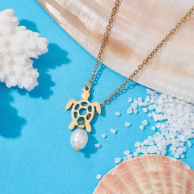 Natural Pearl & Hollow Turtle Lariat Necklaces NJEW-JN04528-01-1