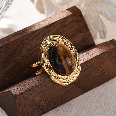 Oval Natural Tiger Eye Finger Rings RJEW-M063-01G-11-1