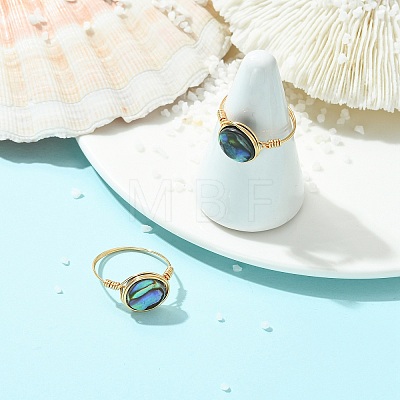 Flat Round Abalone Shell/Paua Shell Finger Rings RJEW-JR01031-1
