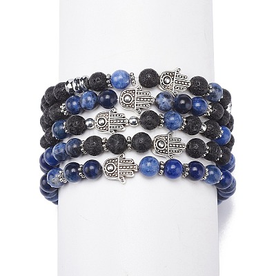 5Pcs 5 Style Natural Lava Rock & Sodalite Stretch Bracelets Set with Alloy Hamsa Hand Beaded BJEW-JB08737-1