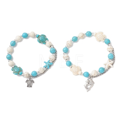 2Pcs Synthetic Turquoise Beaded Stretch Bracelets BJEW-JB13292-1