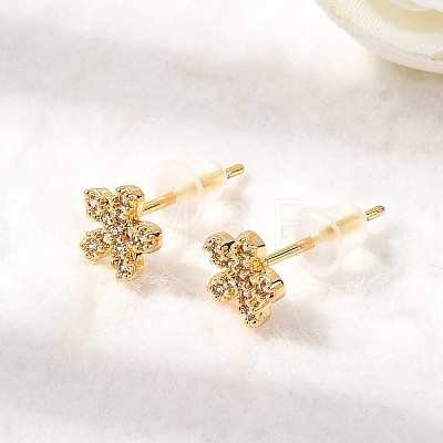 Flower Brass Micro Pave Clear Cubic Zirconia Stud Earrings EJEW-P331-12G-1
