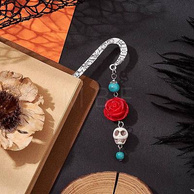 Skull Rose Resin & Synthetic Turquoise Charm Bookmarks AJEW-JK00326-1