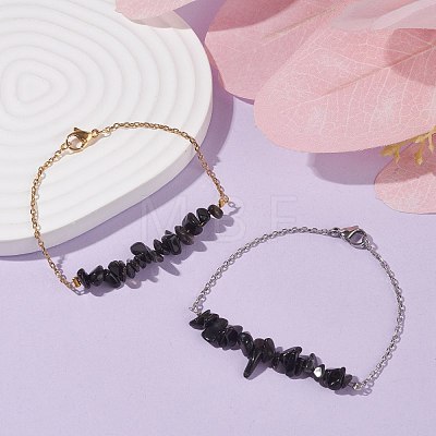2Pcs 2 Color Natural Obsidian Chip Beaded Link Bracelets Set with 304 Stainless Steel Cable Chains BJEW-JB07914-01-1