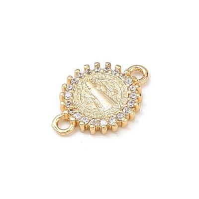 Brass Pave Clear Cubic Zirconia Religion Flat Round with Saint Connector Charms KK-L255-09G-01-1
