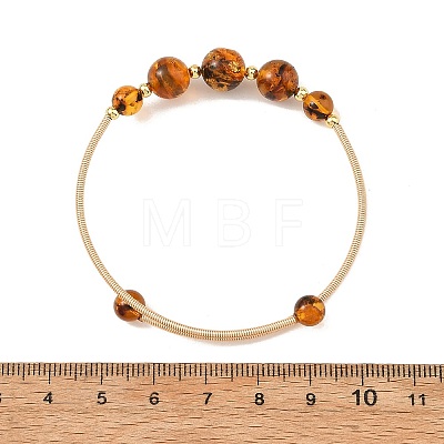 Natural Amber Round Graduated Beaded Brass Cuff Bangles BJEW-JB14463-01-1