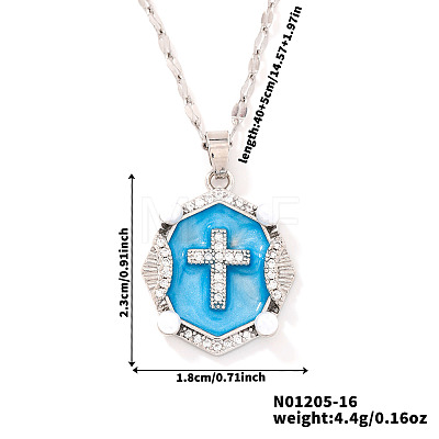 Shiny Retro Brass Micro Pave Clear Cubic Zirconia Oval with Cross Pendant Necklaces with Enamel YR4811-4-1