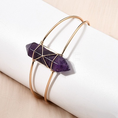 Brass Wire Wrapped Natural Amethyst Hexagon Point Cuff Bangles for Women BJEW-L719-01G-02-1