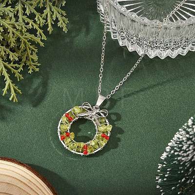 Transparent Glass and Natural Peridot Chip Wire Wrapped Pendant Brass Cable Chain Necklaces NJEW-TA00274-1