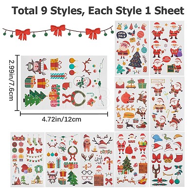 Gorgecraft 9Pcs 9 Style Christmas Theme Pattern Removable Temporary Water Proof Tattoos Paper Stickers AJEW-GF0007-32-1