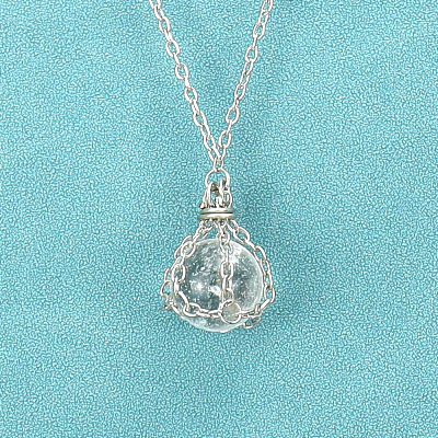 Alloy Macrame Pouch Natural Quartz Crystal Round Ball Pendant Necklaces for Women WGFD62D-02-1