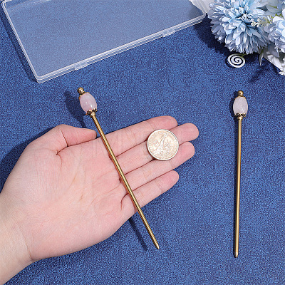 2Pcs Natural Rose Quartz Barrel Bead with Brass Hair Sticks OHAR-PH00014-1