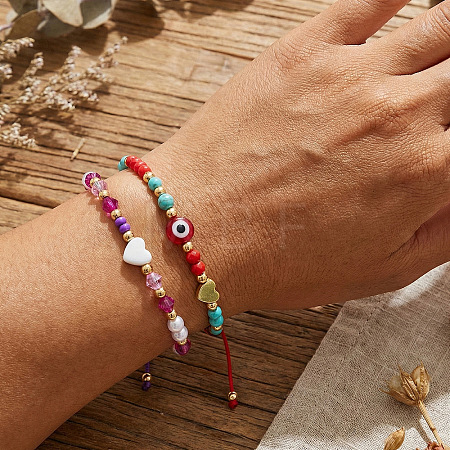 2Pcs 2 Styles Round Glass & Lampwork & Imitation Pearl & Synthetic Turquoise & Natural Shell & Seed Beads Braided Bead Bracelets VE0130-3-1