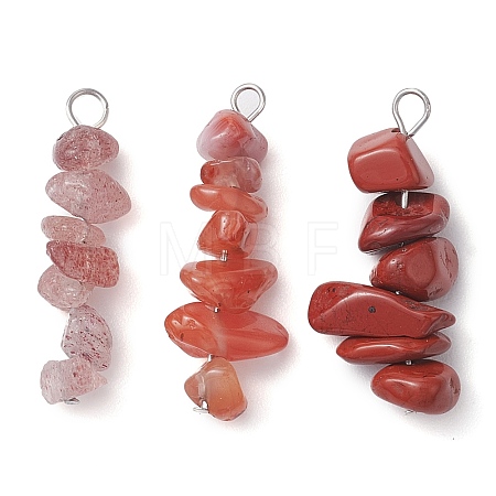 Gradient Color Natural Rhodonite & Natural Red Jasper & Natural Strawberry Quartz Chip Beaded Pendants PALLOY-JF02791-06-1