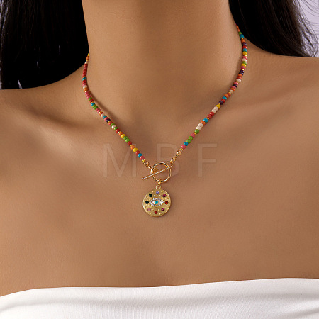 Bohemian Zinc Alloy Rhinestone Evil Eye Pendant Glass Seed Beaded Nacklaces with OT Clasps for Women WGD622F-04-1