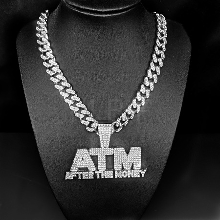 Hiphop Style Zinc Alloy Full Crystal Rhinestone Letter ATM After The Money Pendant Cuban Link Chain Necklaces for Men WG47302-02-1