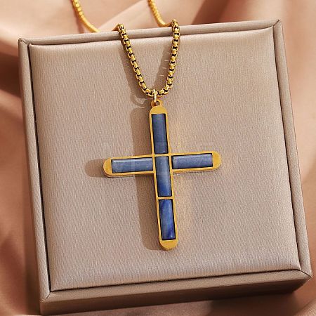 304 Stainless Steel with Dyed Natural Blue Agate Religion Cross Pendant Necklaces FS-WG3F108-04-1