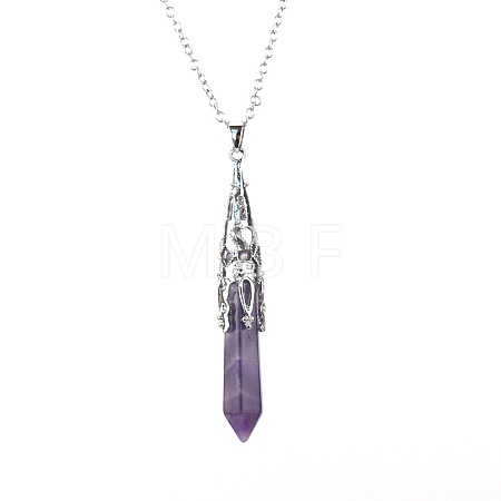 Natural Amethyst Six-Sided Prism Healing Dowsing Pendulum Pendant Iron Cable Chain Necklaces for Divination HM5691-8-1