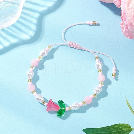 Natural Dyed Yellow Jade & Plastic Imitation Pearl Braided Bead Bracelets for Women BJEW-MZ00308-01-1