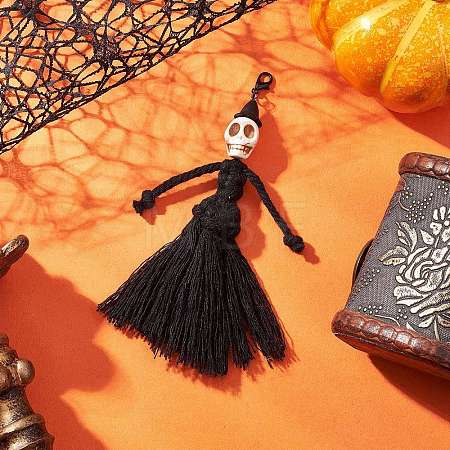 Halloween Cotton Threads Tassel & Synthetic Turquoise Skull Pendant Decorations HJEW-JM03757-01-1