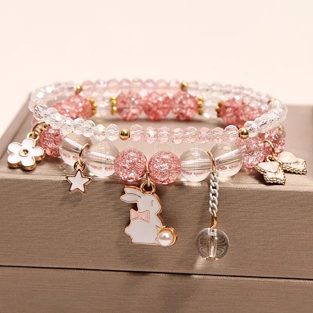 2Pcs 2 Styles Plastic & Glass Beaded Stretch Bracelets FS-WGE3E77-04-1