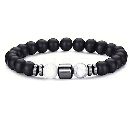 Natural Frosted Black Obsidian & Howlite & Synthetic Non-magnetic Hematite Beaded Stretch Bracelets for Men OT1378-2-1