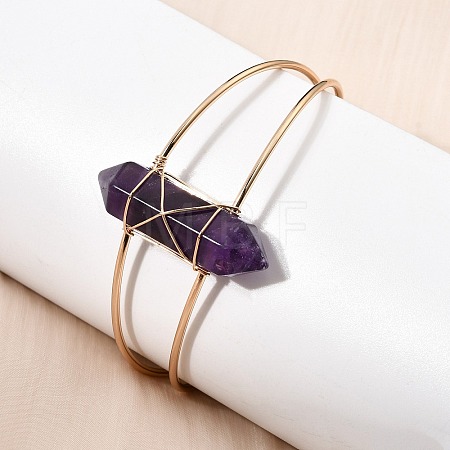 Brass Wire Wrapped Natural Amethyst Hexagon Point Cuff Bangles for Women BJEW-L719-01G-02-1