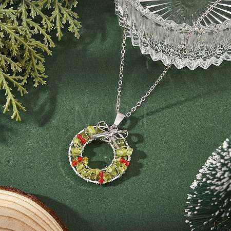 Transparent Glass and Natural Peridot Chip Wire Wrapped Pendant Brass Cable Chain Necklaces NJEW-TA00274-1