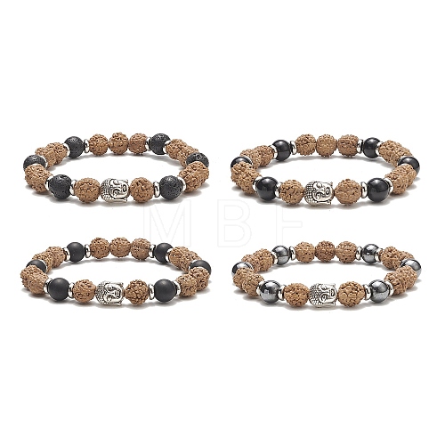 Gemstone & Alloy Buddhist Head & Wood Beaded Stretch Bracelet for Women BJEW-JB09151-1