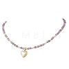 3Pcs 3 Styles Brass Heart Locket Pendant Faceted Round  Natural Amethyst & Rose Quartz & Dyed Agate Beaded Necklaces NJEW-JN05737-4