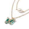 Glass Butterfly & Natural Pearl Pendants Double Layer Necklace with Clear Cubic Zirconia NJEW-TA00043-02-6