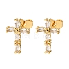 Brass Micro Pave Clear Cubic Zirconia Cross Stud Earrings EJEW-K267-41G-4
