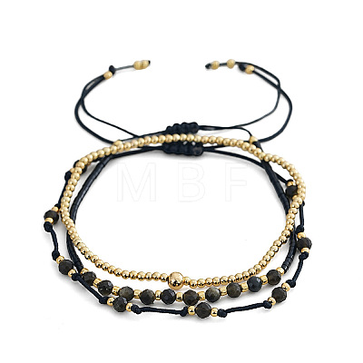 3Pcs 3 Styles Natural Golden Sheen Obsidian & Brass Round Beads Adjustable Bracelets & Brass Round Beads Stretch Braclets for Women TQ6408-2-1
