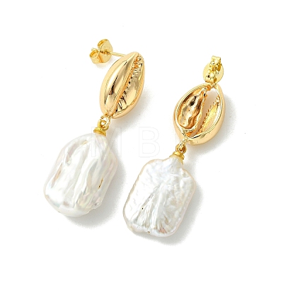 Nuggets with Shell Shape Natural Amber & Natural Cultured Freshwater Pearl Dangle Stud Earrings EJEW-JE07023-1