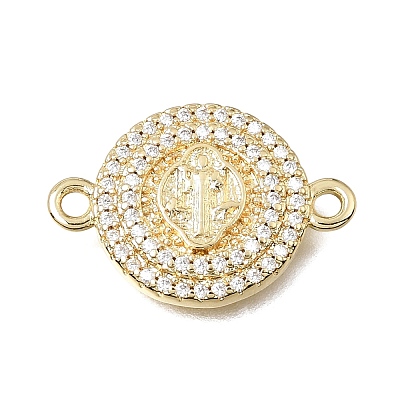 Brass Micro Pave Clear Cubic Zirconia Religion Flat Round Connector Charms KK-E802-31B-G-1