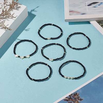 6Pcs 6 Style Natural Shell & Glass Star & Round Beaded Stretch Bracelets Set for Women BJEW-JB09945-02-1