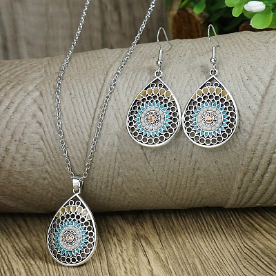 Synthetic Turquoise Pendant Necklaces & Dangle Earrings Sets WGE96E9-03-1