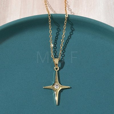 Brass Pave Clear Cubic Zirconia Star Pendant 304 Stainless Steel Chain Necklaces for Women NJEW-D341-07G-1