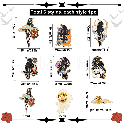 6Pcs 6 Style Flower & Skull & Moon with Crow Enamel Pins JEWB-SC0001-23-1