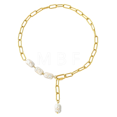 Adjustable 304 Stainless Steel Paperclip Chain Natural Baroque Keshi Pearl Rectangle Y Necklaces NJEW-JN06020-1