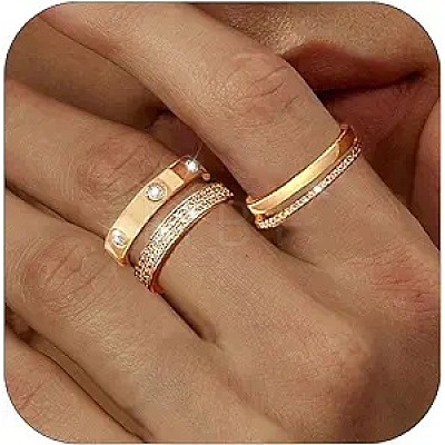 3Pcs 3 Styles Zinc Alloy Micro Pave Clear Cubic Zirconia Finger Rings FS-WG142C0-03-1