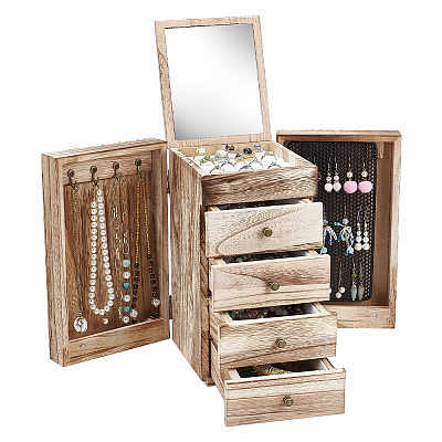 5-Tier Wood Jewelry Organizer Drawer Boxes with Mirror for Rings Earrings Bracelets Necklaces AJEW-WH0696-827-1