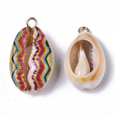 Printed Natural Cowrie Shell Pendants X-SSHEL-R047-02-C03-1