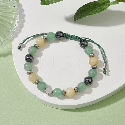 Natural Green Aventurine & Topaz Jade & Brass Heart Braided Bead Bracelet BJEW-JB09703-02-1