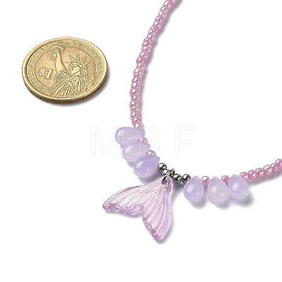 Glass Whale Tail Pendant Necklace with Beaded Chains NJEW-JN04351-1