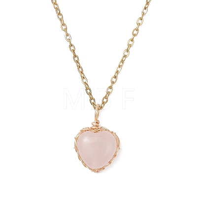 Natural & Synthetic Mixed Gemstone Copper Wire Wrapped Heart Pendant 304 Stainless Steel Cable Chain Necklaces NJEW-JN05779-1