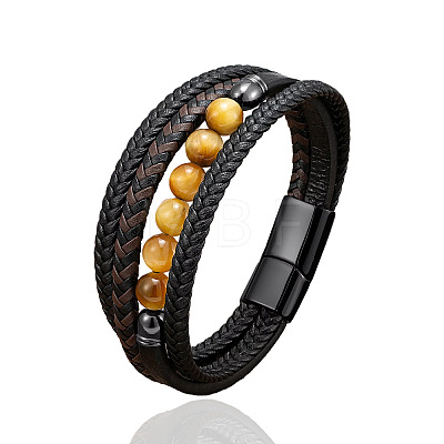 Natural Tiger Eye Round Beads & Braided Imitation Leather Cord Bracelets for Men FS-WGCE7B3-04-1