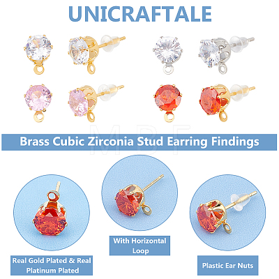 Unicraftale 12 Pairs 4 Colors Brass Cubic Zirconia Stud Earring Findings KK-UN0001-82-1