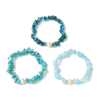 3Pcs 3 Styles Natural & Synthetic Mixed Gemstone Chip & Natural Cultured Freshwater Pearl Beaded Stretch Bracelets Set for Women BJEW-JB13762-05-1